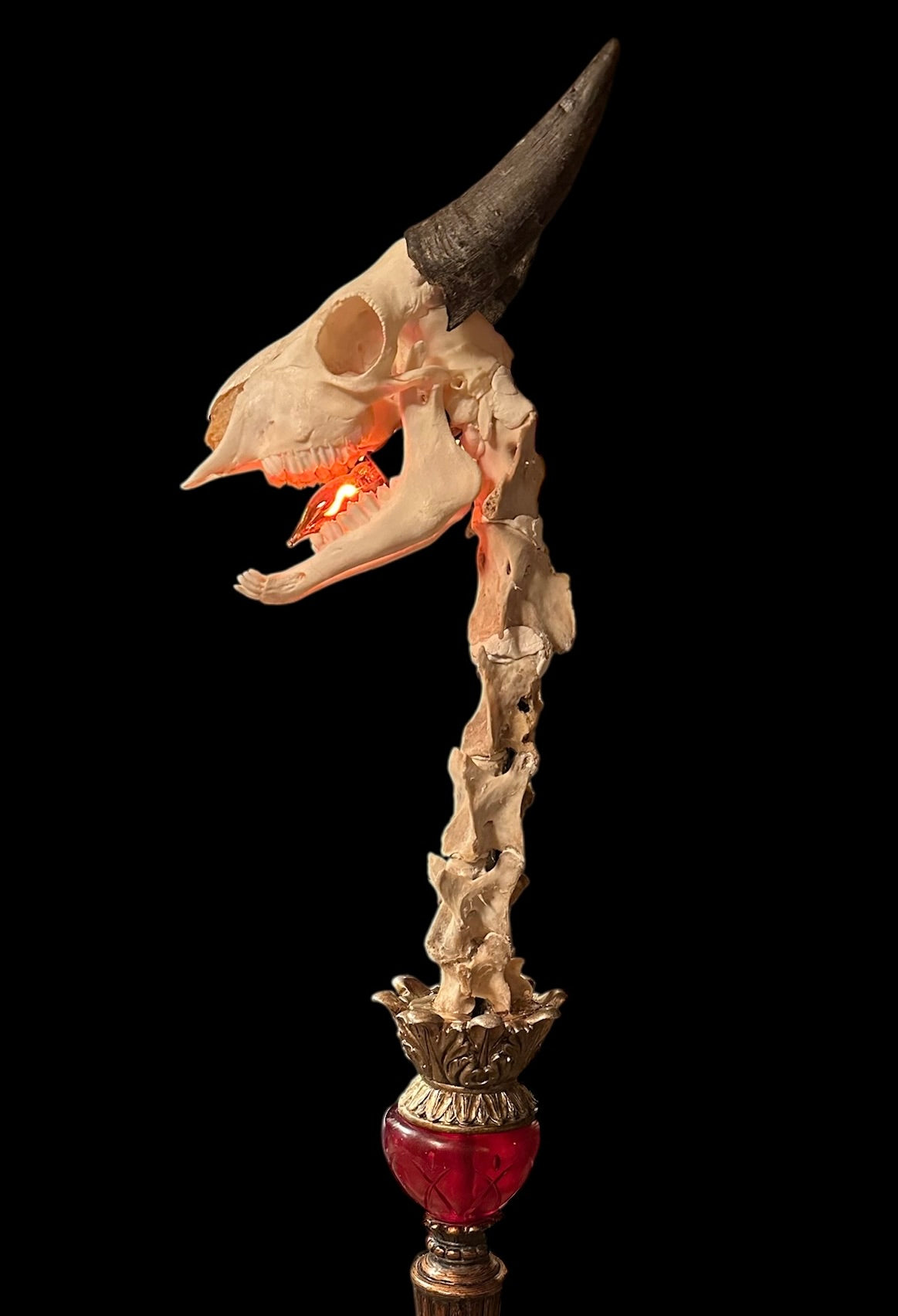 Red Glass Lamp with Goat Skull